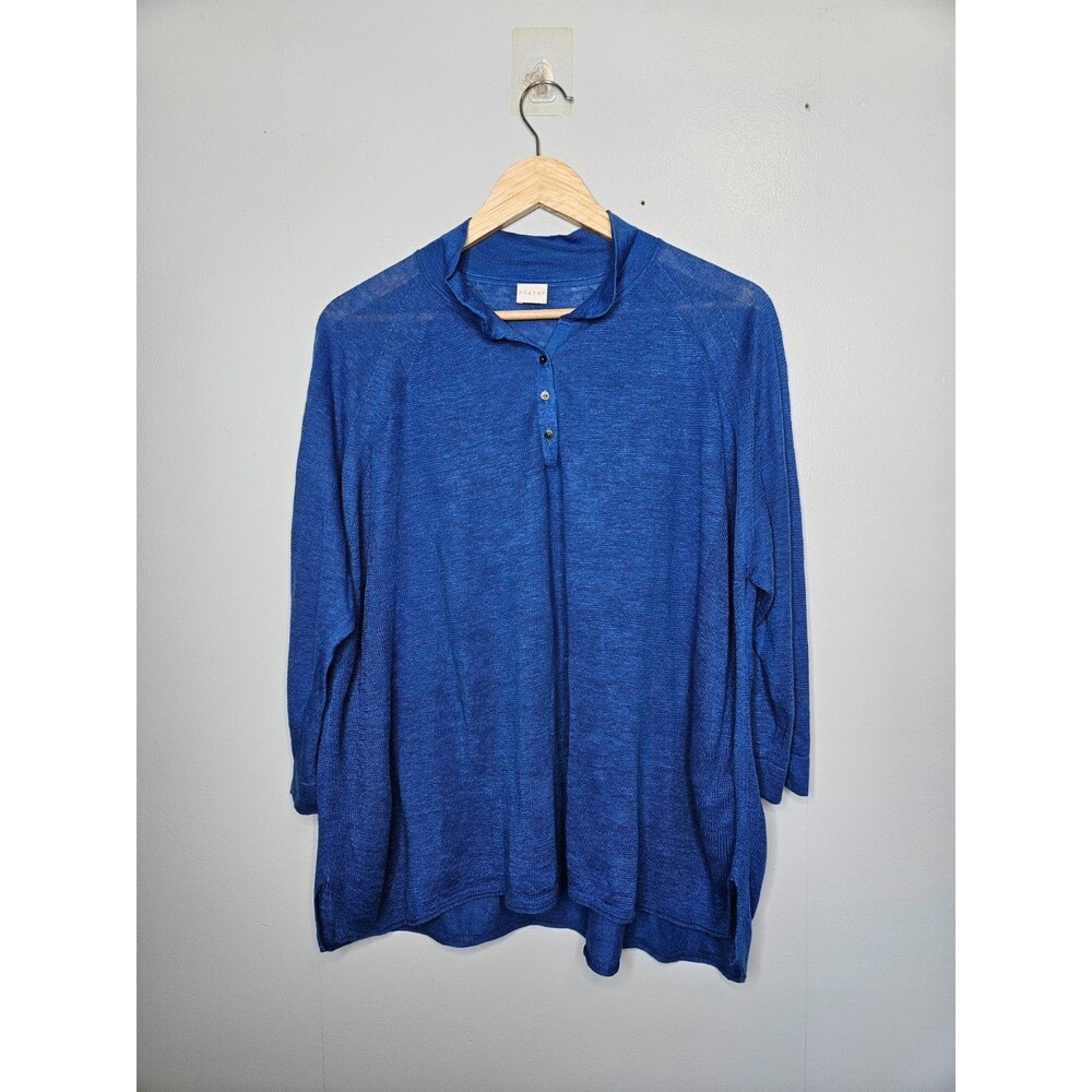 POETRY 100% Linen Top Size 14 Blue 3/4 Length Sleeves Collared 1/4 Button